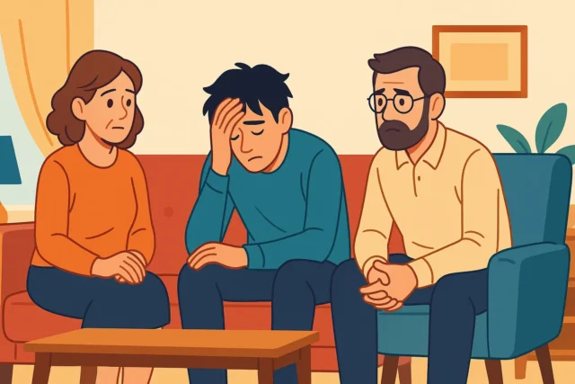 familia conviviendo con un adicto a la cocaína en un salón